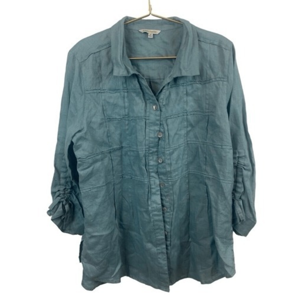 John Mark Blue Green Button Down Shirt Size M 100% Linen